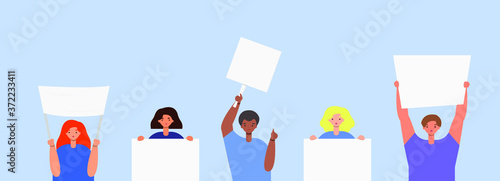 People with banners, man and woman holding blank posters. Vector set of people going to the rally. Flat cartoon design, isolated, eps 10.