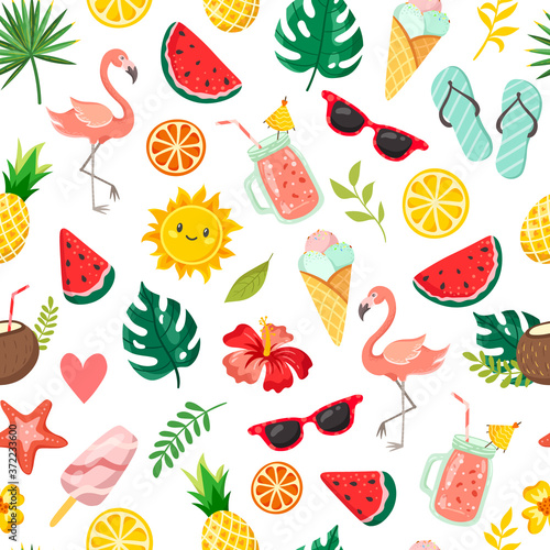 Decorative summer elements on a white background. Flamingo and fruits with tropical leaves, summer holiday, seamless pattern