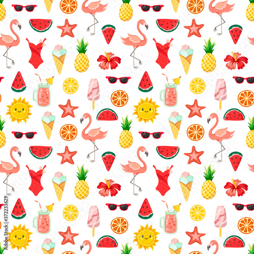 Decorative summer elements on a white background. Flamingo and fruits with tropical leaves, summer holiday, seamless pattern