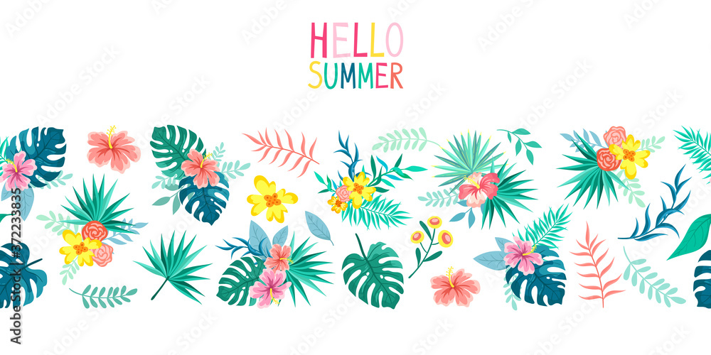 Bouquets of tropical leaves and flowers on a white background. Seamless summer pattern, border.