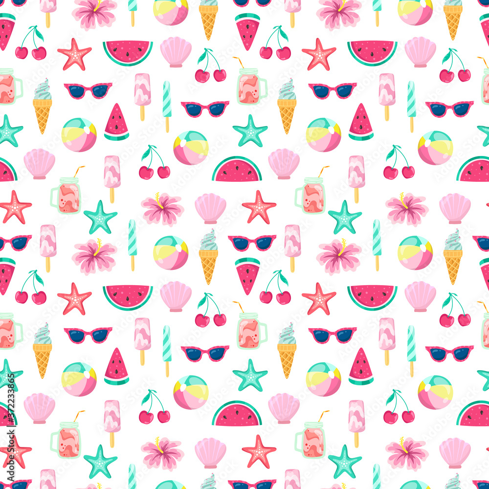 Decorative summer elements on a white background. Flamingo and fruits with tropical leaves, summer holiday, seamless pattern Decorative summer elements on a white background. Flamingo and fruits with tropical leaves, summer holiday, seamless pattern