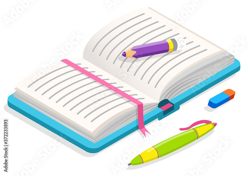 Opened notebook with blue cover, pink fabric bookmark and lined pages. Pencil, ballpoint pen and eraser or rubber. Colorful school or office supplies, stationery isometric style vector illustration