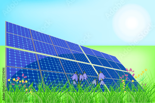 Solar panel batteries in a meadow. Solar energy. Solar energy power plant on the grass. Field against a blue sky. Concept of renewable and sustainable solar energy. World Environment Day. Stock vector