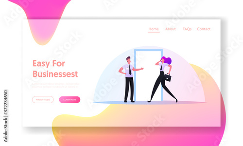 Characters Follow Business Etiquette, Good Manners Landing Page Template. Polite Office Colleagues Relations