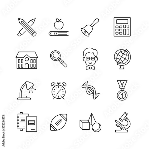 School line icon set. Education flat signs. Back to school pictograms on subjects and equipment. Editable stroke. Vector illustration.