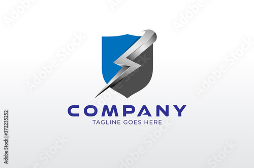 Electric shield logo, Shield Icon and lightning bolt  isolated on White Background.3D style Logo Design Template, vector illustration