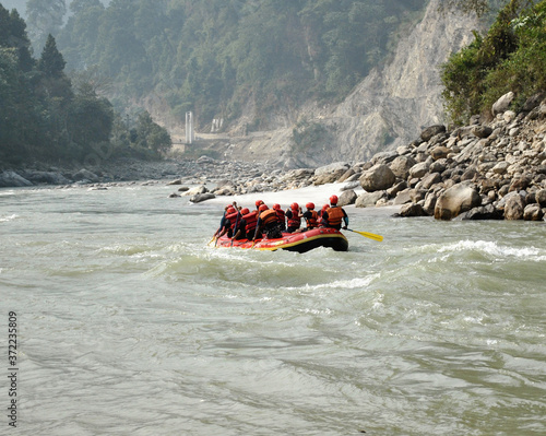 Youths from Army Service Corps Teesta Raiders under the Indian Army participating White Water Rafting Expedition from Bardang to Coronation Bridge at Teesta River in Bardang, Sikkim.