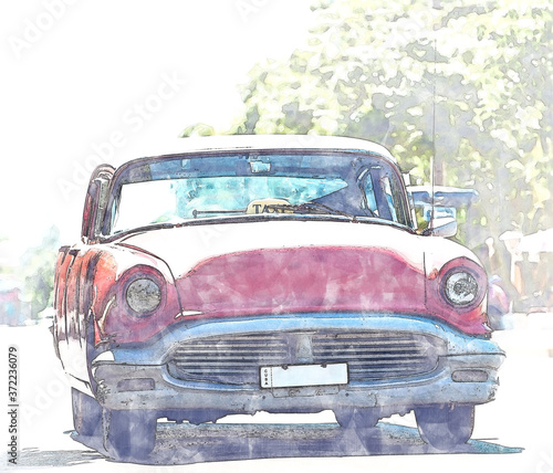 Aquarellmalerei von einem amerikanischen historischen Auto in Havanna Kuba