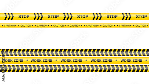 Police tape, crime danger line. Caution police lines isolated. Warning work zone tapes. Set of yellow warning ribbons. Vector illustration on white background. © Elena