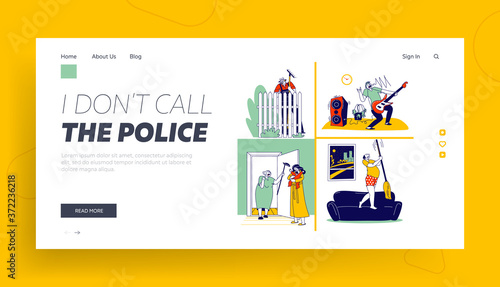 Angry Neighbor Characters Arguing Yell Landing Page Template. Senior Man Holding Rack Stand at Fence, Old Lady Yelling