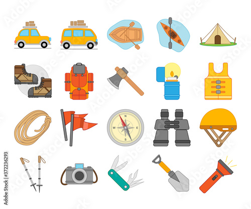 Camping and hiking outdoor equipment vector icon set