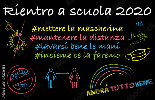 rientro a scuola 2020 l'inizio scuolastico ritorno pandemia mettere la mascherina mantenere la distanza lavarsi le mani andrà tutto bene arcobaleno colori bambini bambino ragazzi ragazzo distanza