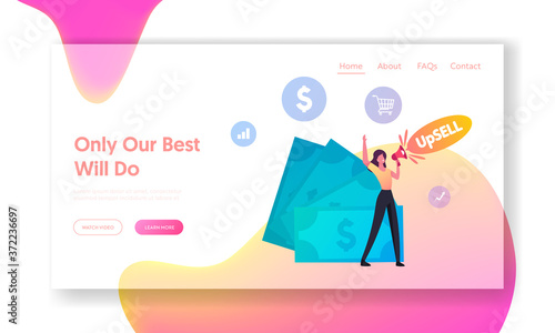 Upsell, Discount Alert in Business and Shopping Landing Page Template. Promoter Woman Character Shouting to Megaphone
