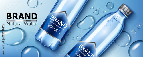 Two mineral water bottles with place for text laying on a surface with water blobs. Natural water. Product placement. 3D mockup
