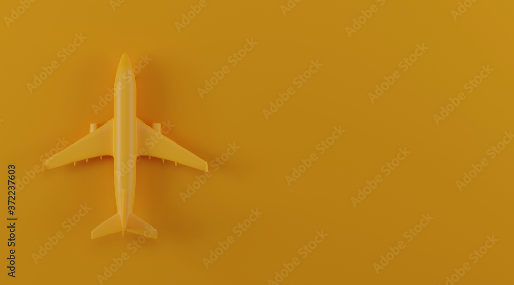 Fototapeta premium Flat lay Yellow plane isolated on yellow background. travel concept. minimal style with copy space. 3d rendering.