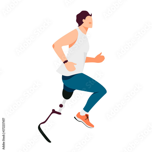 Isolated on white disabled man runner vector illustration. Male athlete with prosthetic leg  character design element in flat cartoon style.