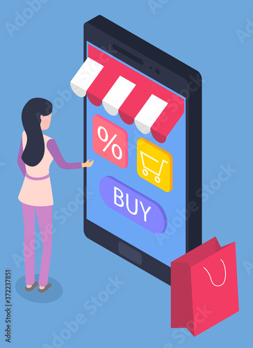 Woman stand near virtual shop on smartphone with promotion. Lady buy products and goods through internet. Customer use gadget to make order in store. Vector illustration of online shopping in flat