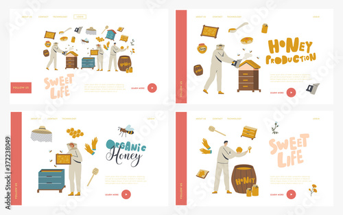 Honey Extracting Landing Page Template Set. Beekeepers in Protective Outfit at Apiary Taking Honeycomb, Natural Product