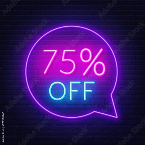 75 percent discount neon sign on brick wall background. Vector illustration