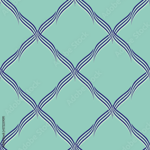 Abstract linocut style leaves seamless vector pattern background. Diagonal grid weave narrow foliage backdrop in light teal and blue. Geometric criss cross ribbon effect design. Modern all over print