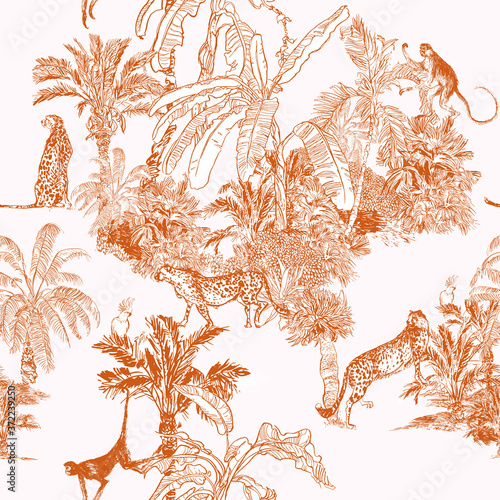 Monkey, Cheetah Wild Animals, Birds in Tropical Forest with Palms, Engraving Print, Toile Monochrome Linear Drawing Jungle Wildlife, Ochre on White Background