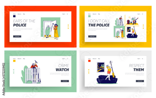 Angry Neighbor Characters Arguing Landing Page Template Set. Senior Man at Fence, Mother with Crying Baby, Rock Music