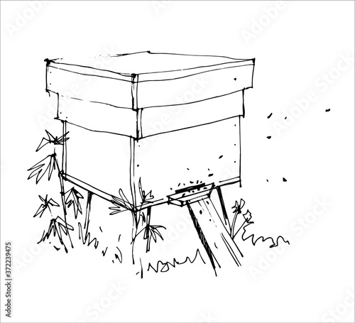 Beehive with bees. Vector hand drawn illustration on white background.