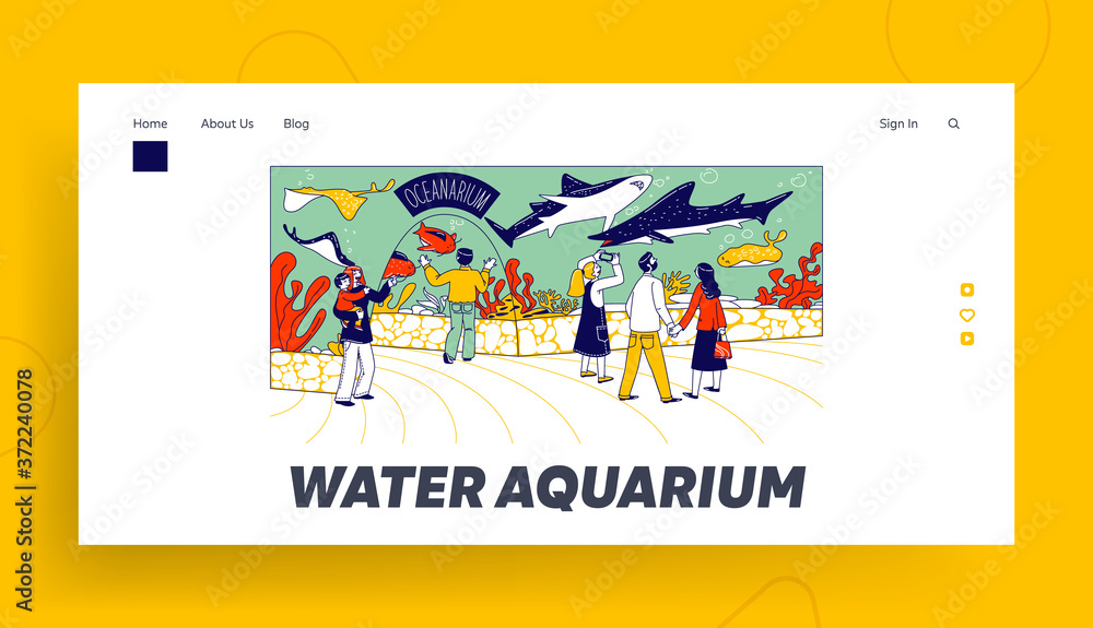Characters in Oceanarium Landing Page Template. Parents and Kids Look at Ocean Fishes behind Glass. Children in Aquarium