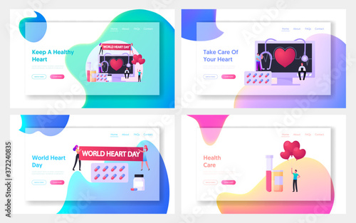 World Heart Day Landing Page Template Set. Tiny Characters at Huge Monitor with Heartbeat Pulse Stethoscope and Medicine