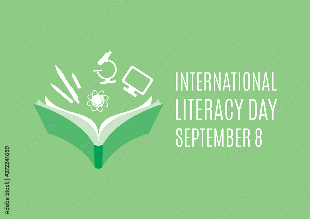 International Literacy Day vector. Open book with knowledge icons ...
