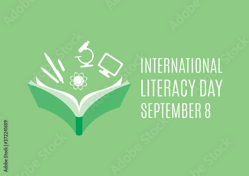 International Literacy Day vector. Open book with knowledge icons vector. Study icons set. Human abilities vector. Education symbol vector. Literacy Day Poster, September 8. Important day