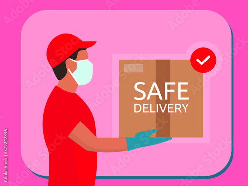 Delivery man holding a bag with fast food out of the phone. Fast food delivery app on a smartphone with delivery man, wearing a face mask and gloves. Safe food delivery during coronavirus epidemic