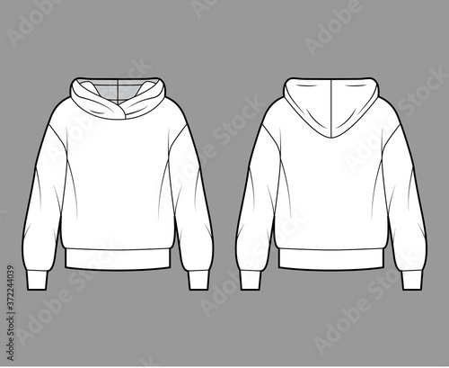 Oversized cotton-fleece hoodie technical fashion illustration with relaxed fit, long sleeves. Flat outwear jumper apparel template front, back white color. Women, men, unisex sweatshirt top CAD mockup photo