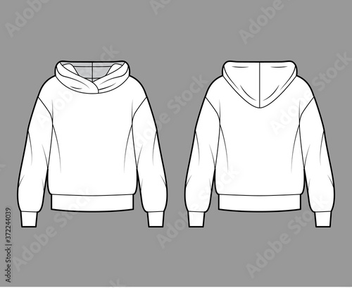 Oversized cotton-fleece hoodie technical fashion illustration with relaxed fit, long sleeves. Flat outwear jumper apparel template front, back white color. Women, men, unisex sweatshirt top CAD mockup