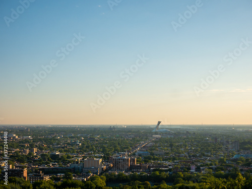 Montreal sunrise viewed from Mount Royal with city skyline in the morning