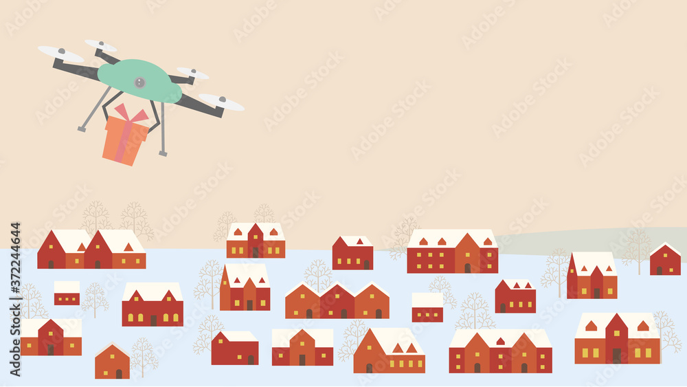 Naklejka premium ドローンがプレゼントを運ぶ冬の街並み