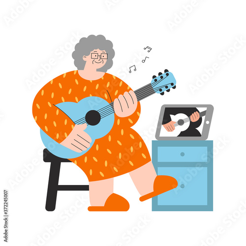 Old woman in orange dress learns to play guitar from video lesson. Elderly online education, active retirement concept. Vector flat illustration isolated on white background. 