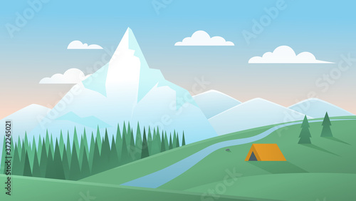 Mountain summer landscape vector illustration. Cartoon flat peaceful mountainous nature scenery with tourist tent camping on green meadow hill  pine forest and river  natural summertime background
