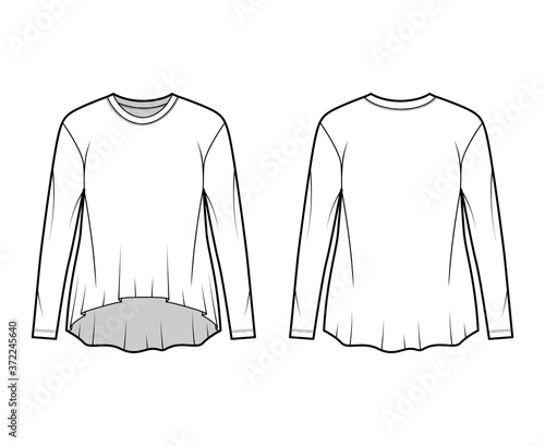 Boyfriend cotton-jersey T-shirt technical fashion illustration with classic crew neckline, long sleeves, oversized, high-low hem. Flat apparel template front back white color. Women men unisex top CAD