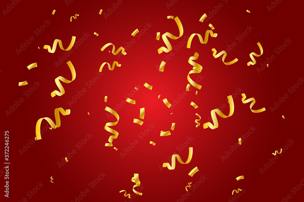 Obraz premium Golden Tiny Confetti And Streamer Ribbon Falling On Red Background. Chinese New Year. Vector