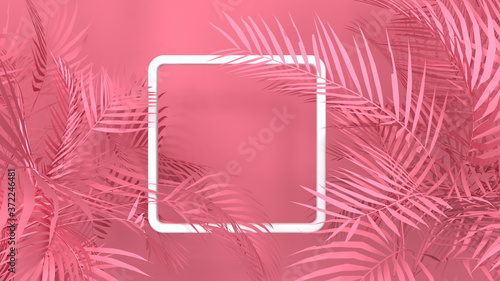 Tropical palm plant leaf pink background with 3D white frame. Nature summer illustration. 3D render