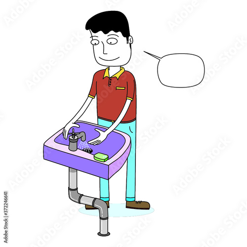man washes his hand at washstand