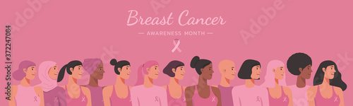 breast cancer awareness month web banner of diverse ethnic females group together with pink support ribbon concept, cartoon girl characters for disease prevention campaign, vector flat illustration