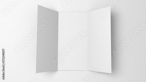 A4 blank paper trifold 3d rendering on grey background. Lifleat 3d illustration for mock up