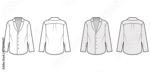 Pajama-style shirt technical fashion illustration with loose silhouette, pointed notch collar, front button fastenings, long sleeves. Flat template front back white grey color. Women men unisex top