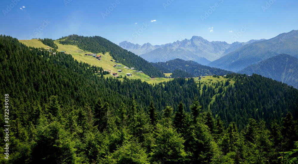 Turkey, Rize, Pokut Plateau, Historic Plateau Houses and Nature View, Panoramic View