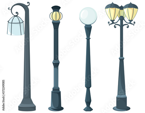 Set of different lamp posts. Vintage light equipments.