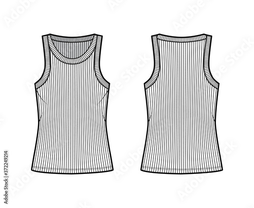 Ribbed cotton-jersey tank technical fashion illustration with wide scoop neck, relax fit knit, tunic length. Flat outwear camisole apparel template front back white color. Women men unisex shirt top