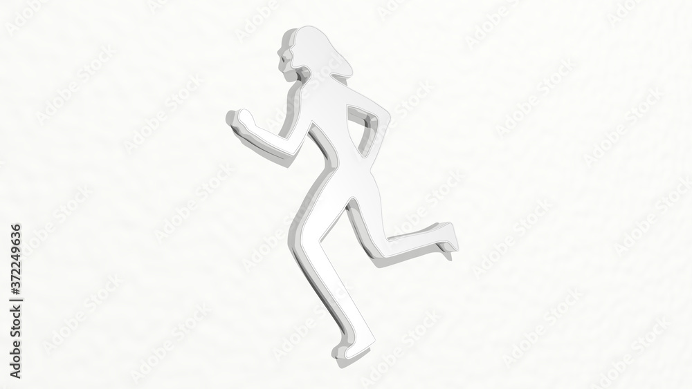 WOMAN RUNNING from a perspective on the wall. A thick sculpture made of metallic materials of 3D rendering for beautiful and young WOMAN RUNNING from a perspective on the wall. A thick sculpture made of metallic materials of 3D rendering for beautiful and young