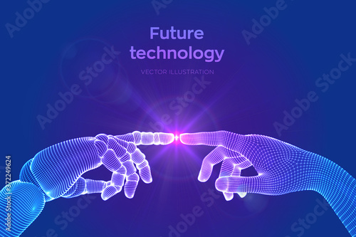 Hands of Robot and Human Touching. Cyborg finger about to touch human finger. Symbol of connection between people and artificial intelligence. Science, future technology. Vector Illustration.